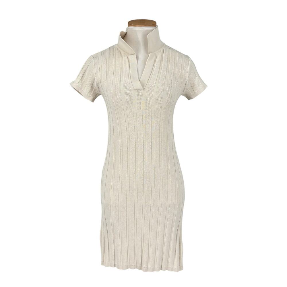 Yest Ribbed Knit Polo Dress Womens Size 2 Cream Excellent Short Sleeve Mini Slit